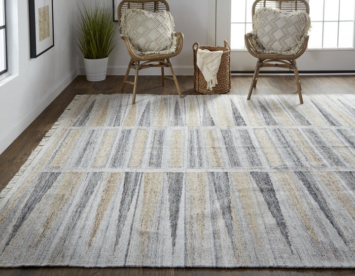 8 X 10 Tan Gray And Taupe Geometric Hand Woven Stain Resistant Area Rug With Fringe Image 1