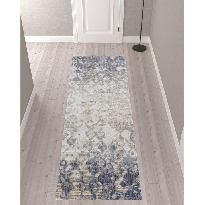 8 X 10 Tan Ivory And Blue Abstract Power Loom Distressed Area Rug Image 6