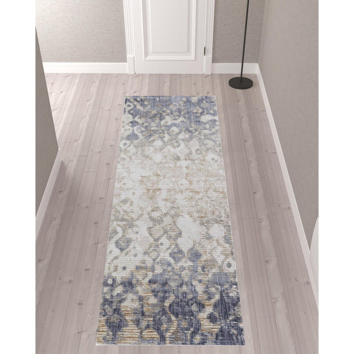 8 X 10 Tan Ivory And Blue Abstract Power Loom Distressed Area Rug Image 1