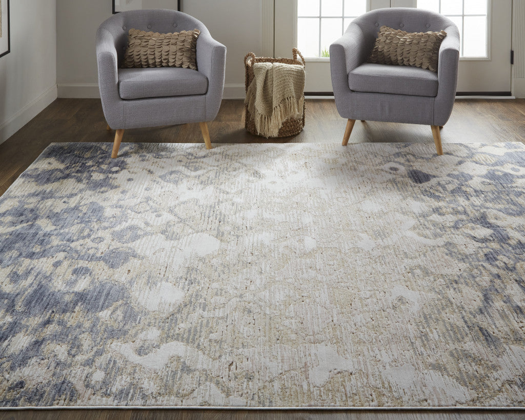 8 X 10 Tan Ivory And Blue Abstract Power Loom Distressed Area Rug Image 11