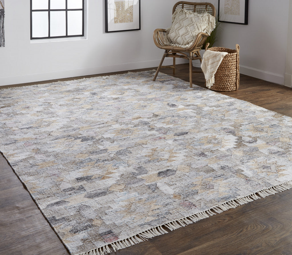 4 X 6 Taupe Gray And Blue Geometric Hand Woven Stain Resistant Area Rug With Fringe Image 4