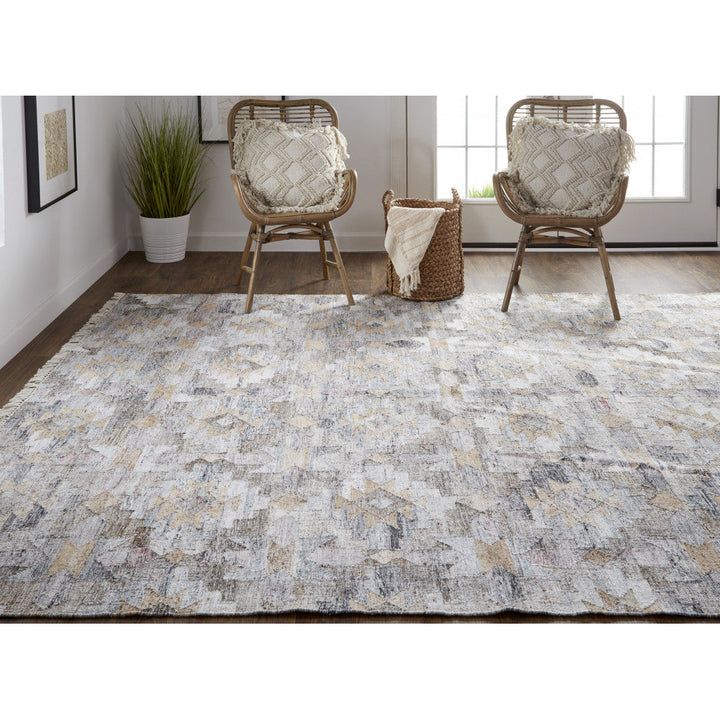 4 X 6 Taupe Gray And Blue Geometric Hand Woven Stain Resistant Area Rug With Fringe Image 5