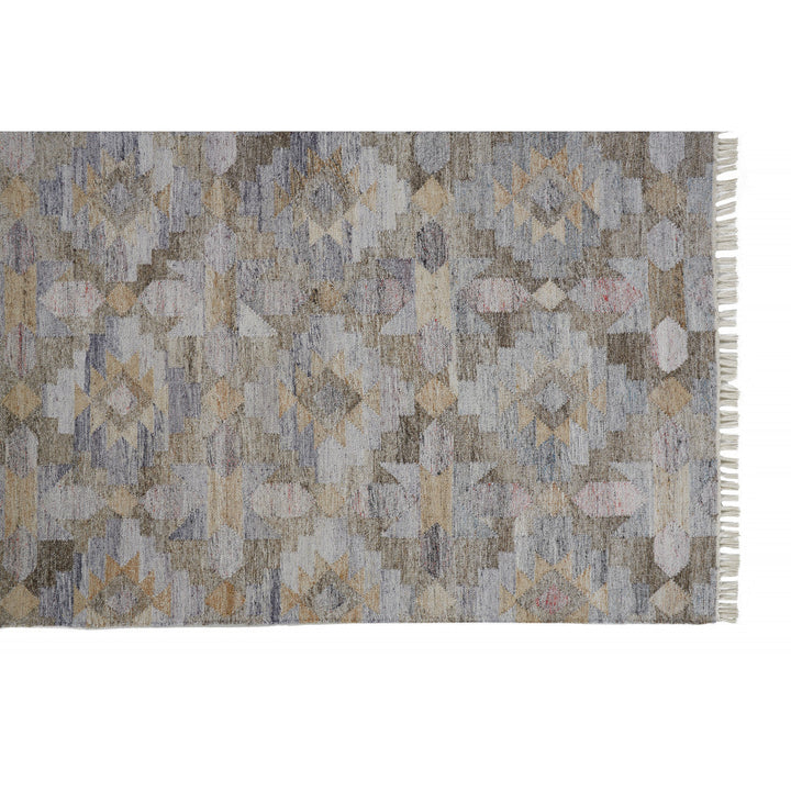 4 X 6 Taupe Gray And Blue Geometric Hand Woven Stain Resistant Area Rug With Fringe Image 8