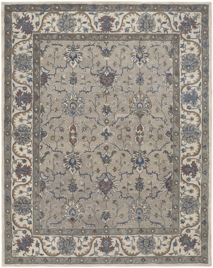 10 X 14 Taupe Ivory And Blue Wool Floral Tufted Handmade Stain Resistant Area Rug Image 1