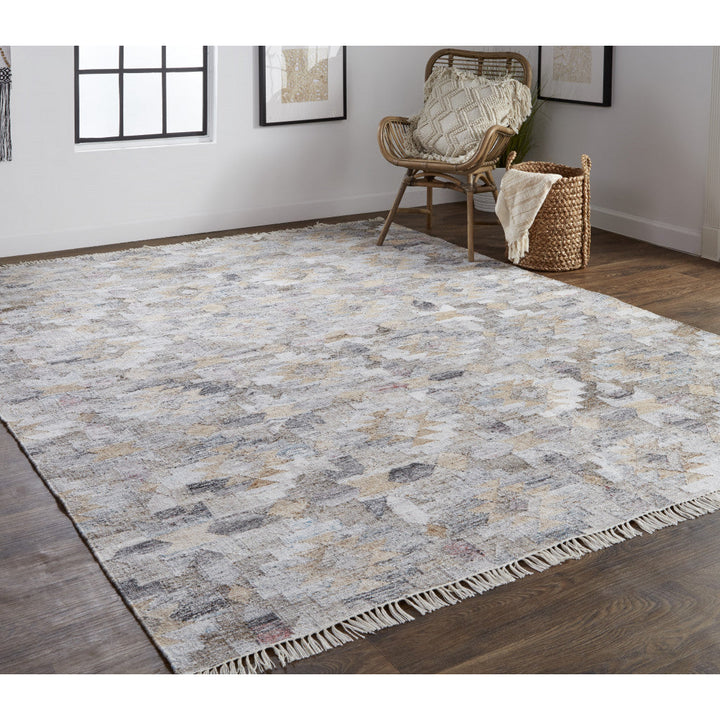 4 X 6 Taupe Gray And Blue Geometric Hand Woven Stain Resistant Area Rug With Fringe Image 11