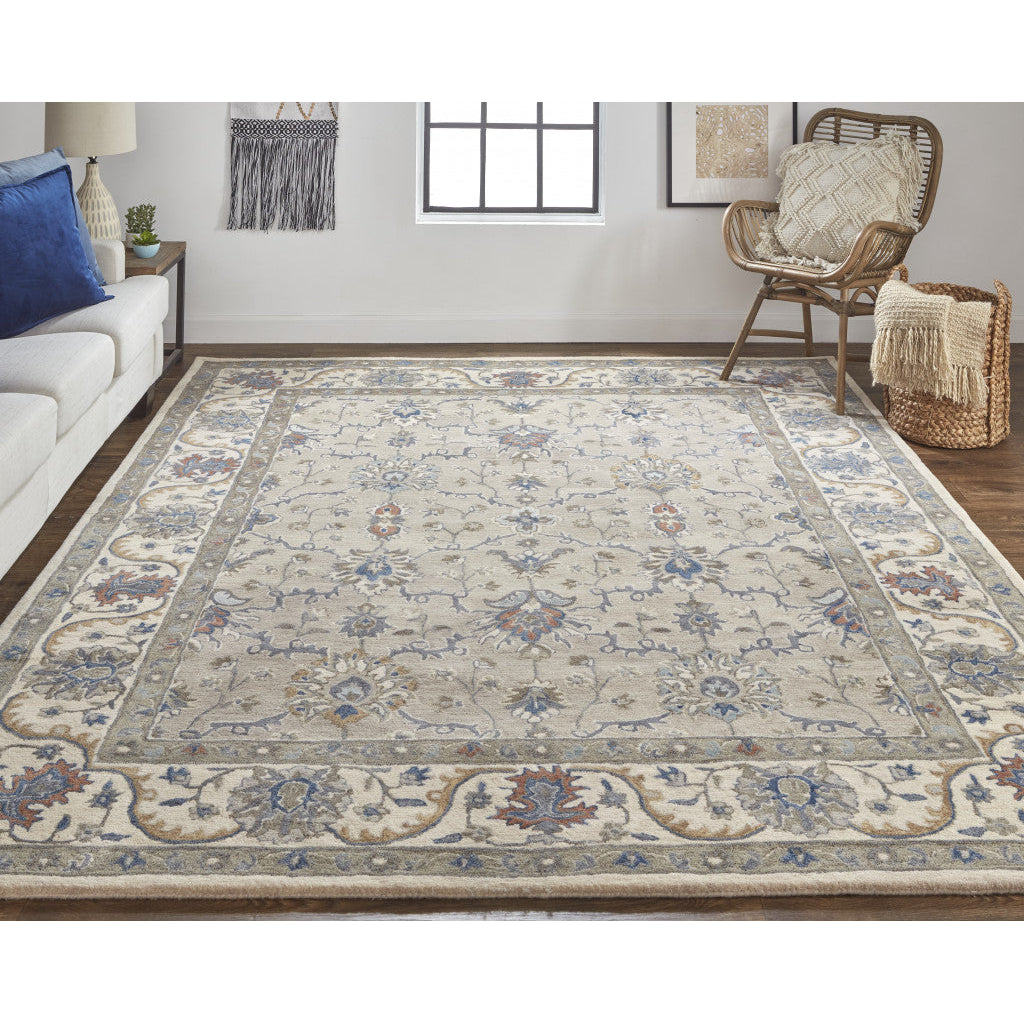 10 X 14 Taupe Ivory And Blue Wool Floral Tufted Handmade Stain Resistant Area Rug Image 11