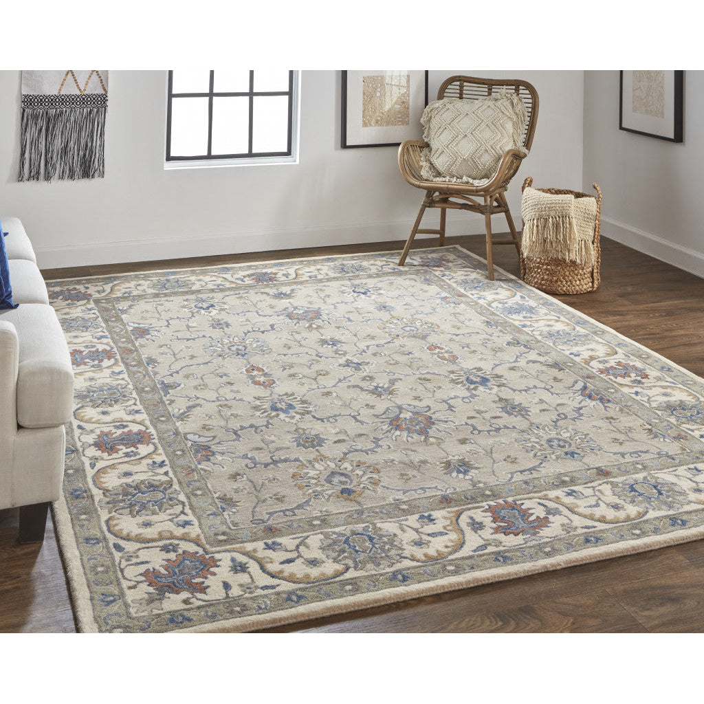 10 X 14 Taupe Ivory And Blue Wool Floral Tufted Handmade Stain Resistant Area Rug Image 12