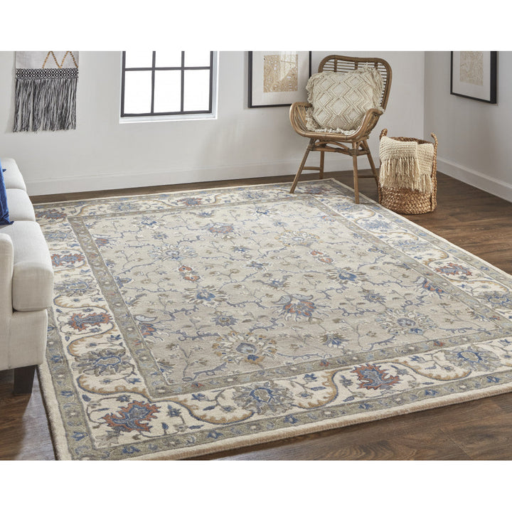 10 X 14 Taupe Ivory And Blue Wool Floral Tufted Handmade Stain Resistant Area Rug Image 12