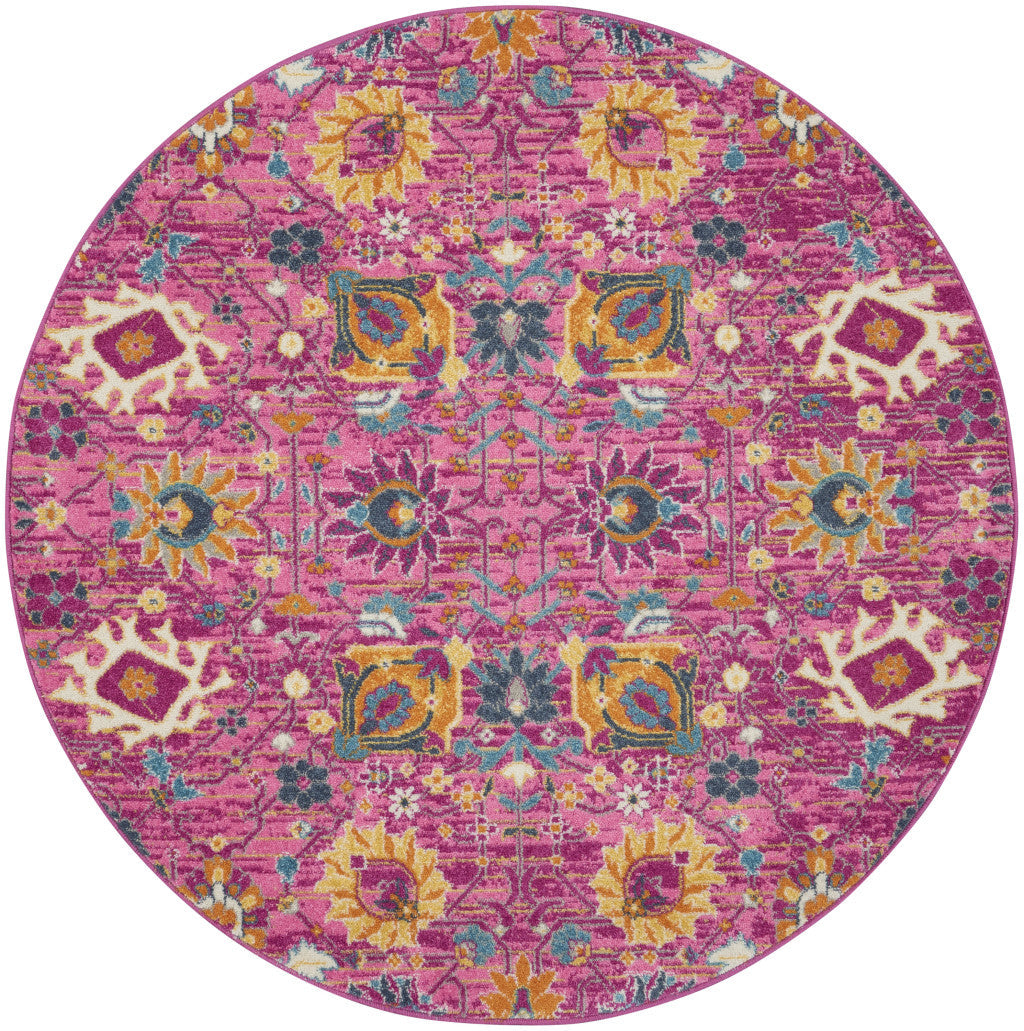 4 Pink Round Floral Power Loom Area Rug Image 1