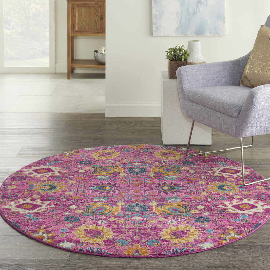 4 Pink Round Floral Power Loom Area Rug Image 8