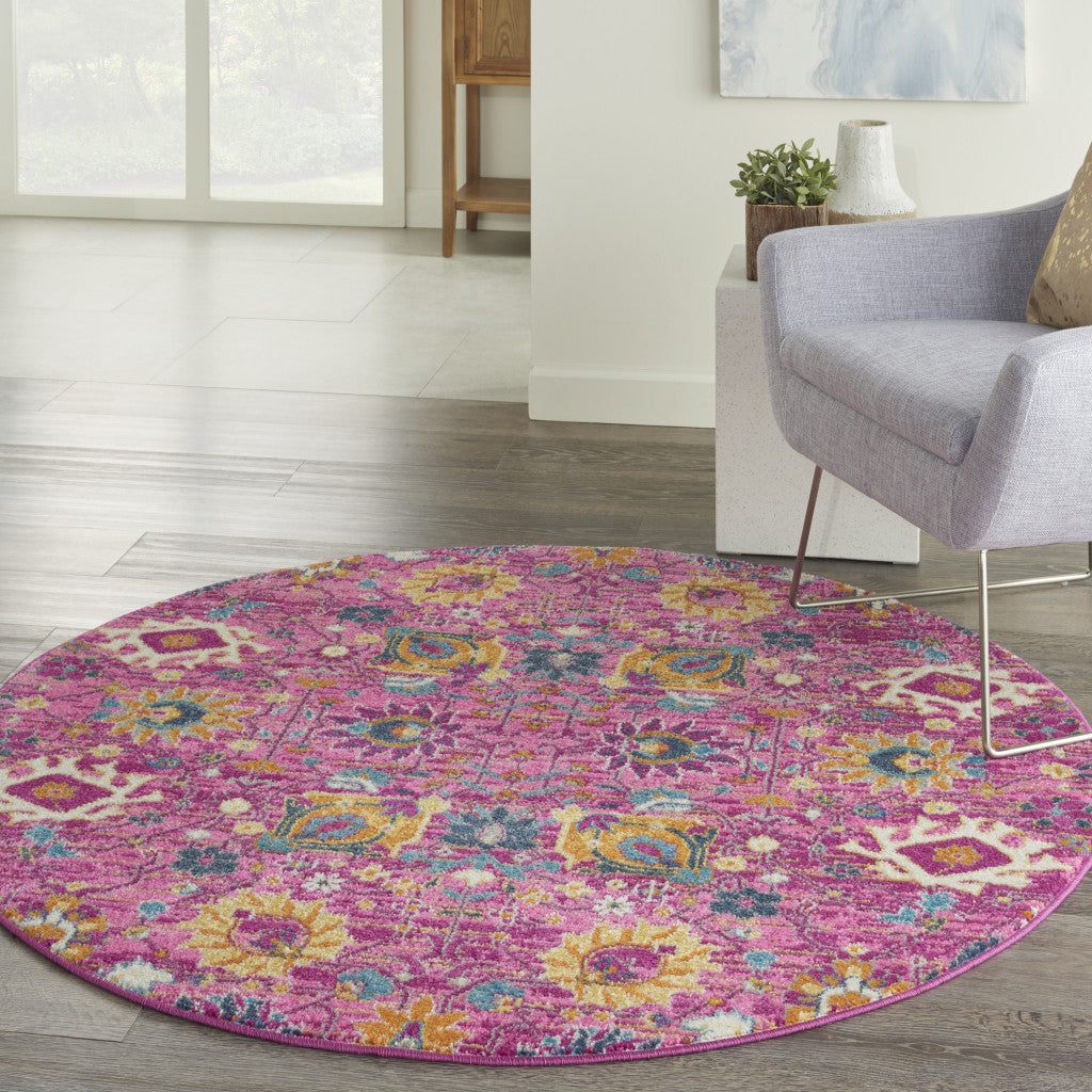 4 Pink Round Floral Power Loom Area Rug Image 9