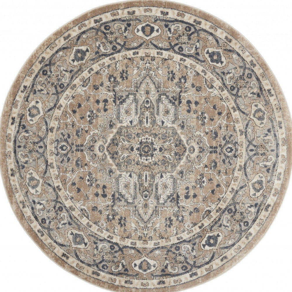 4 X 4 Beige And Grey Round Oriental Power Loom Non Skid Area Rug Image 1