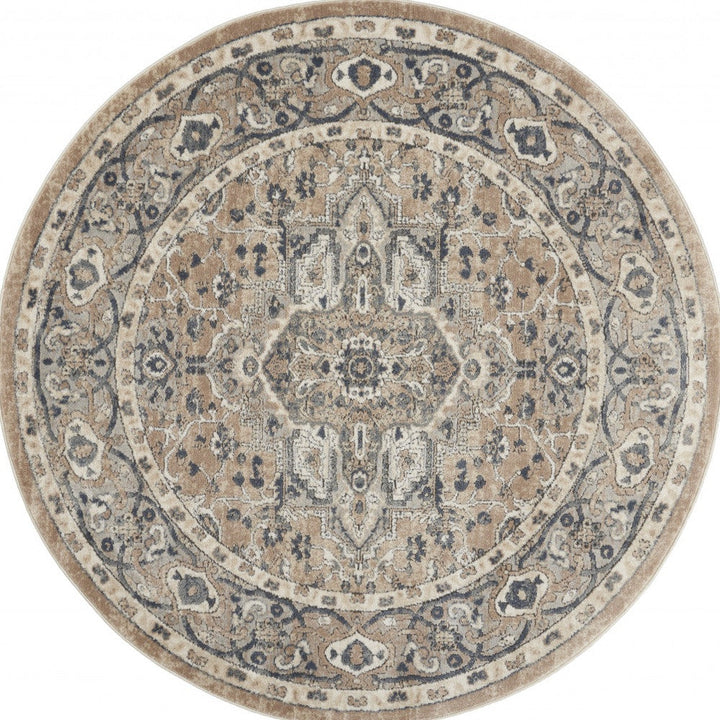 4 X 4 Beige And Grey Round Oriental Power Loom Non Skid Area Rug Image 1