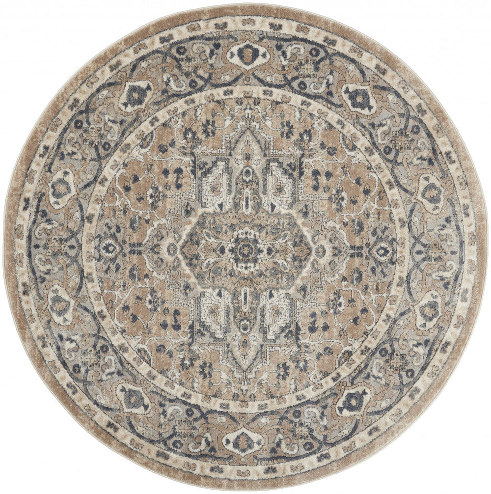 4 X 4 Beige And Grey Round Oriental Power Loom Non Skid Area Rug Image 2