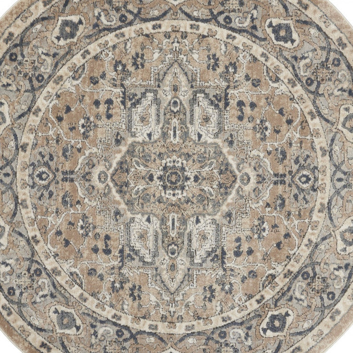 4 X 4 Beige And Grey Round Oriental Power Loom Non Skid Area Rug Image 4