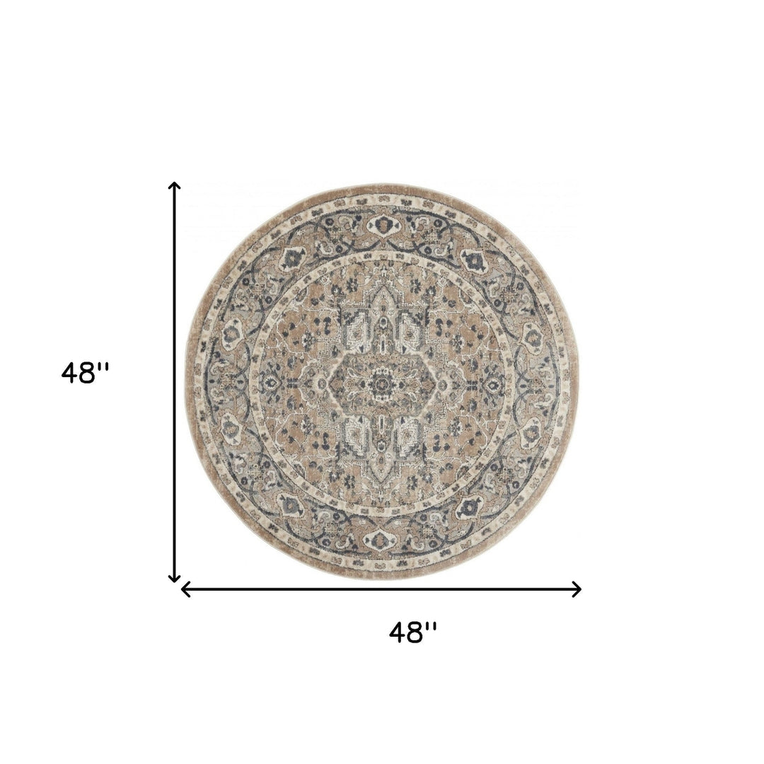 4 X 4 Beige And Grey Round Oriental Power Loom Non Skid Area Rug Image 5