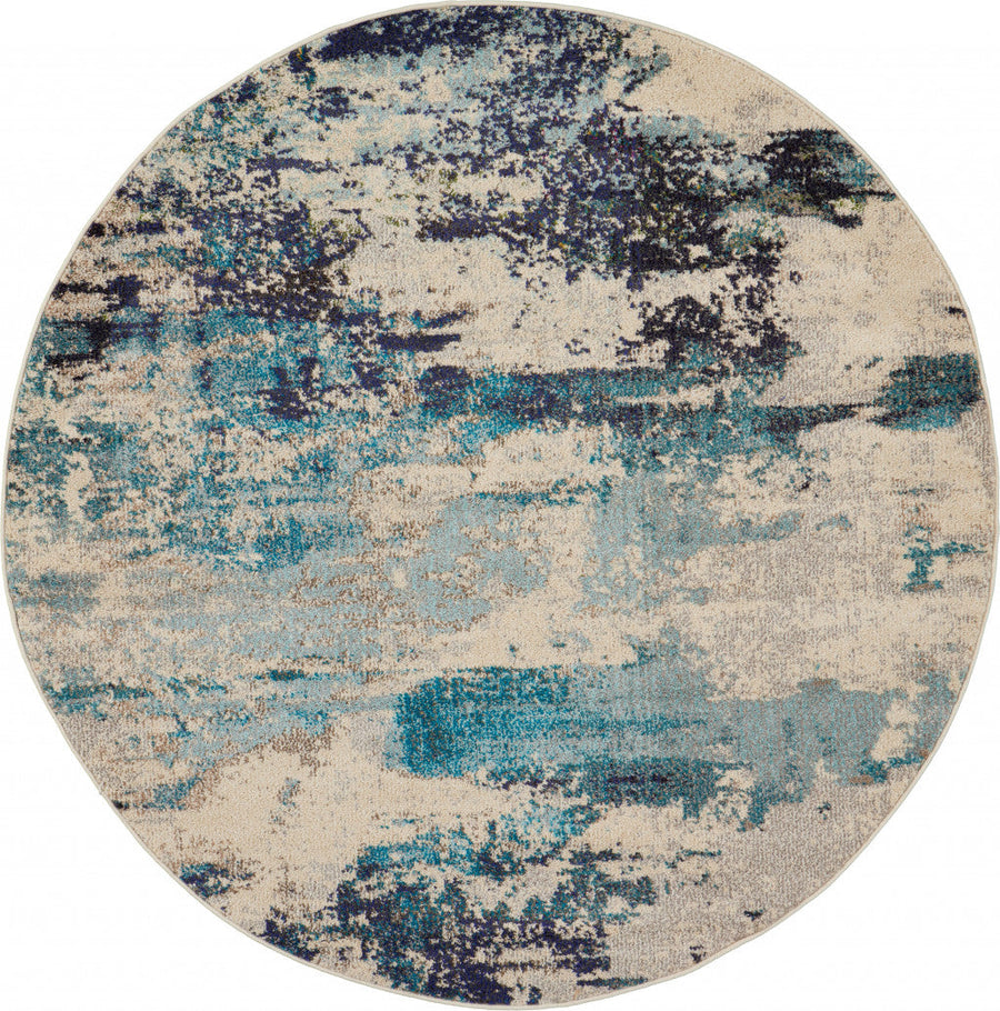 4 X 4 Ivory And Teal Blue Round Abstract Power Loom Non Skid Area Rug Image 1