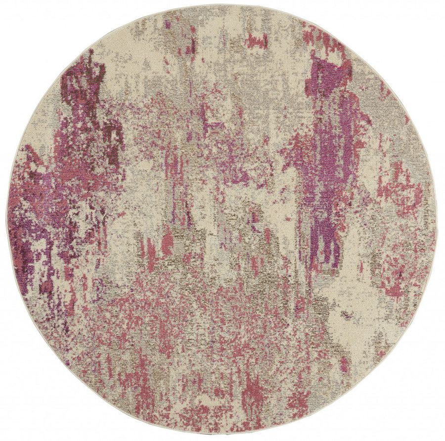 4 X 4 Ivory And Pink Round Abstract Power Loom Non Skid Area Rug Image 1