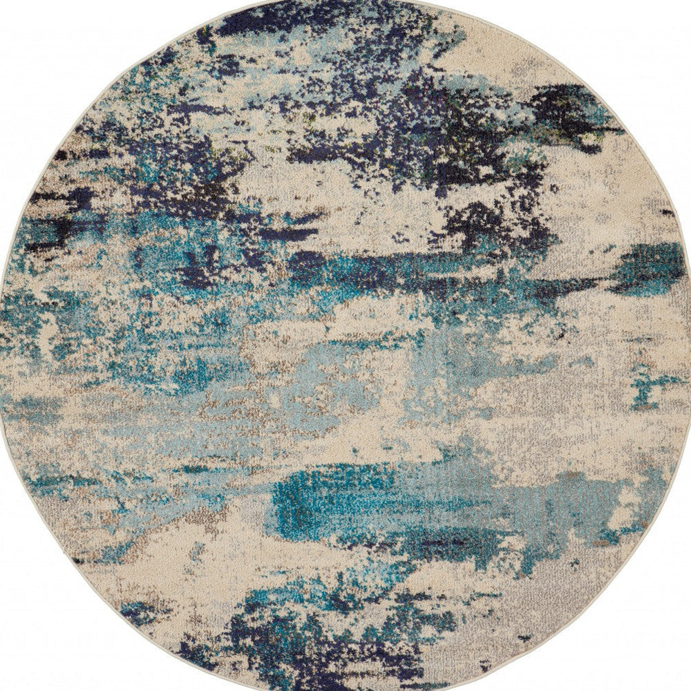 4 X 4 Ivory And Teal Blue Round Abstract Power Loom Non Skid Area Rug Image 4