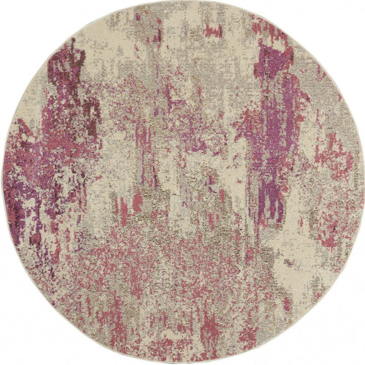 4 X 4 Ivory And Pink Round Abstract Power Loom Non Skid Area Rug Image 4