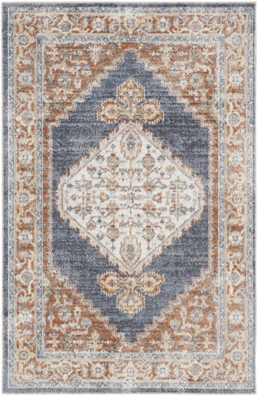 4 X 6 Denim Blue Oriental Power Loom Distressed Washable Area Rug Image 1