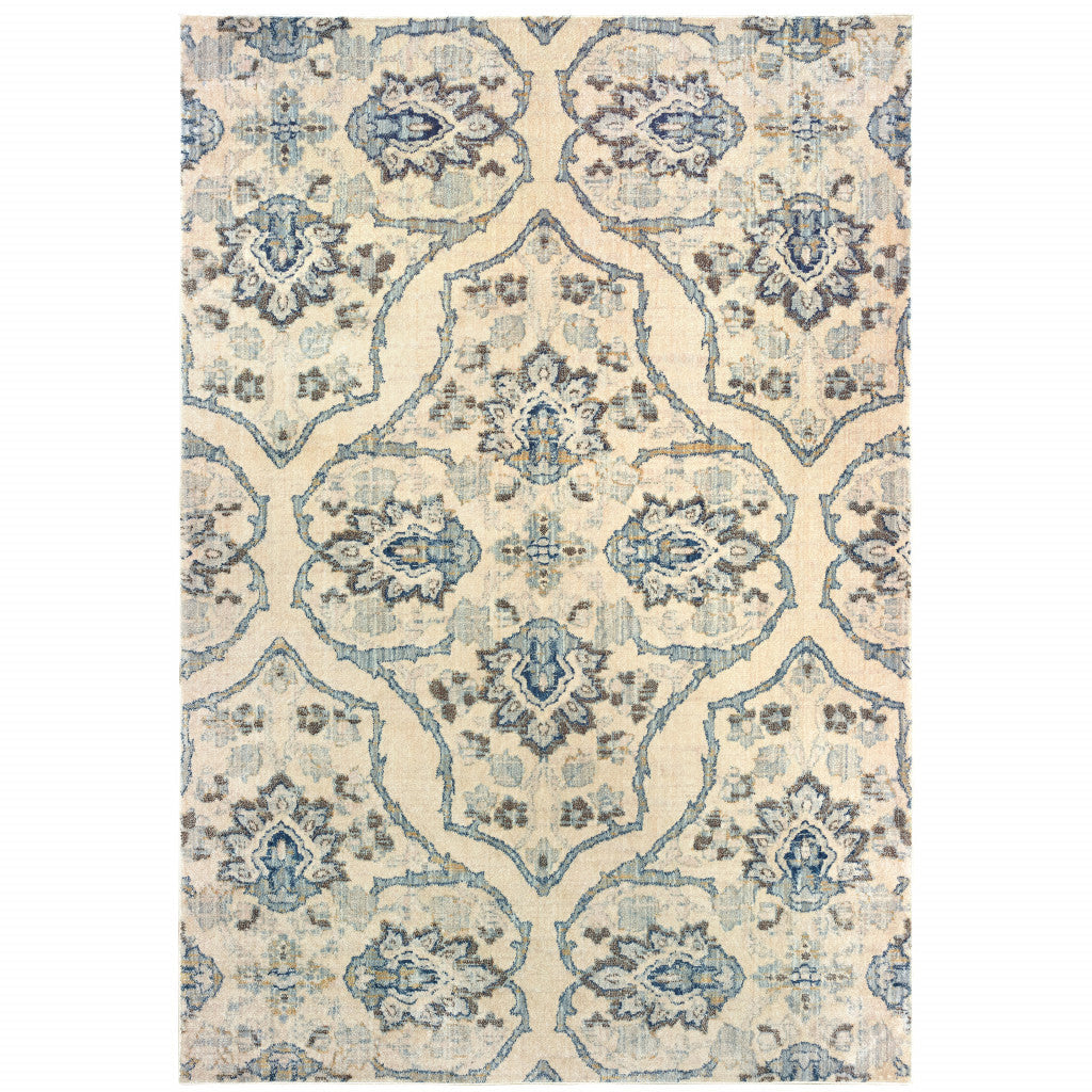 4 X 6 Ivory And Blue Floral Power Loom Stain Resistant Area Rug Image 1