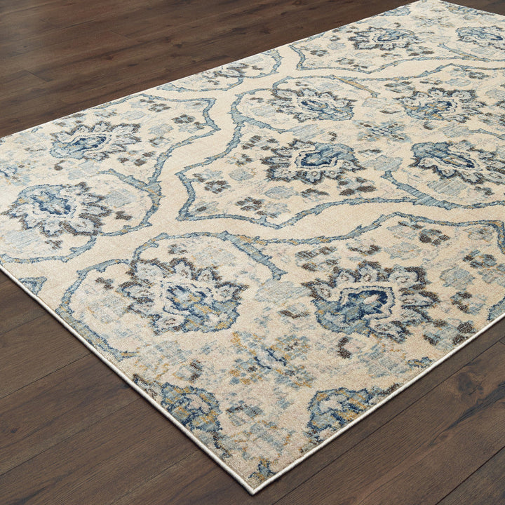 4 X 6 Ivory And Blue Floral Power Loom Stain Resistant Area Rug Image 4