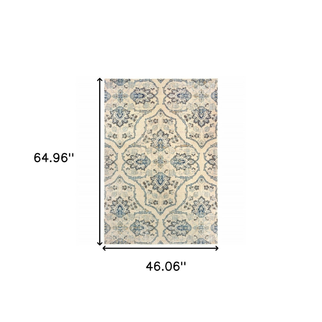 4 X 6 Ivory And Blue Floral Power Loom Stain Resistant Area Rug Image 5