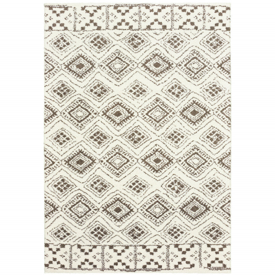 4 X 6 Ivory And Brown Geometric Shag Power Loom Stain Resistant Area Rug Image 1