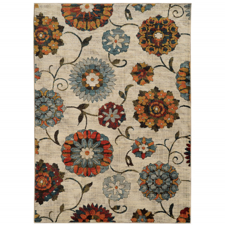 4 X 6 Ivory Blue Gold Green Orange Rust And Teal Floral Power Loom Stain Resistant Area Rug Image 1