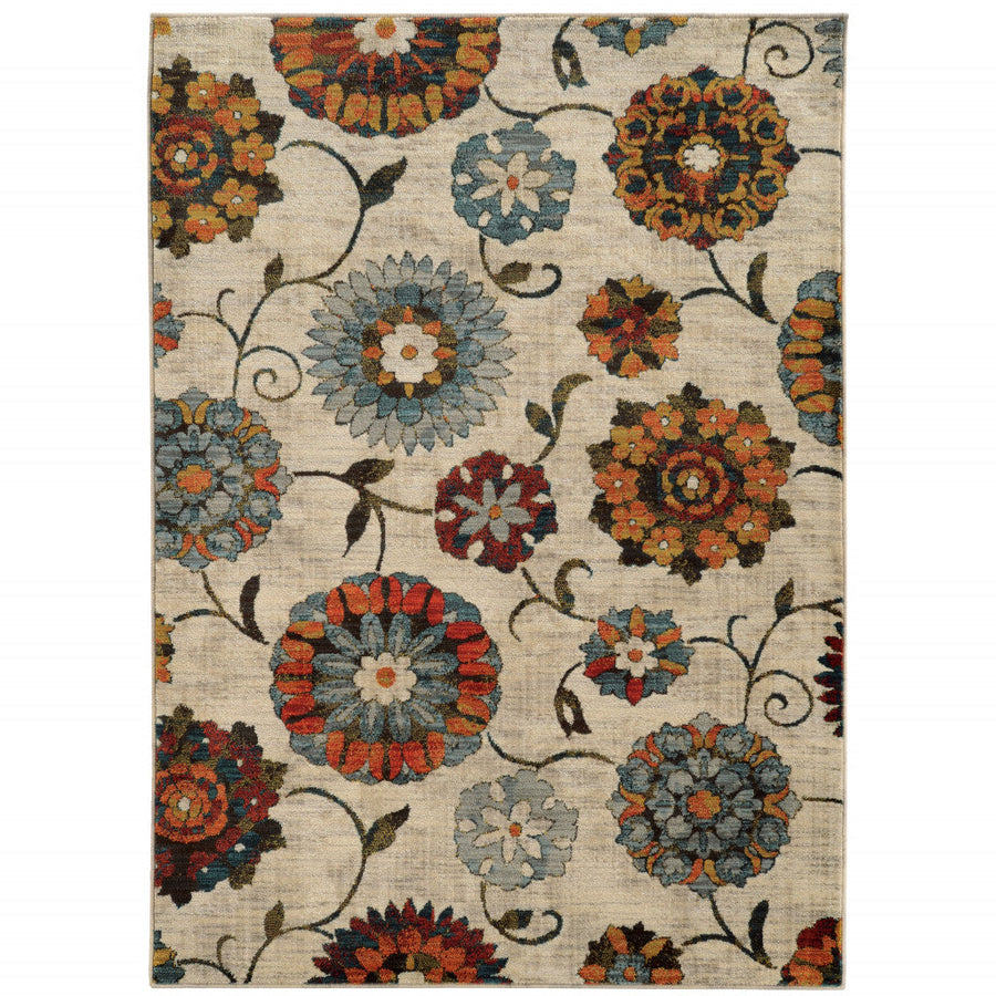 4 X 6 Ivory Blue Gold Green Orange Rust And Teal Floral Power Loom Stain Resistant Area Rug Image 1