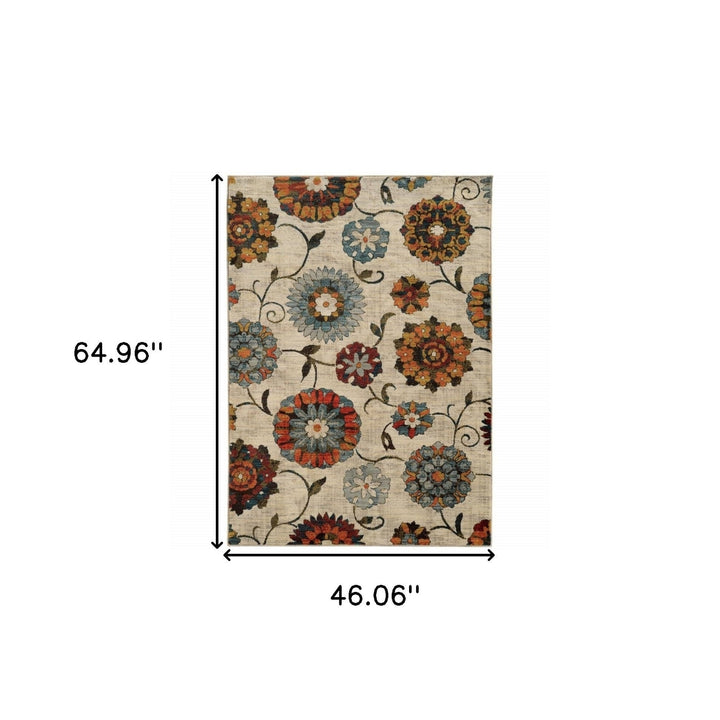 4 X 6 Ivory Blue Gold Green Orange Rust And Teal Floral Power Loom Stain Resistant Area Rug Image 6