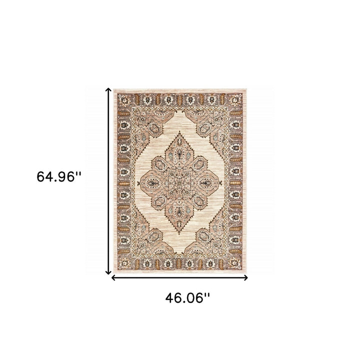 4 X 6 Ivory Gold Grey And Blue Oriental Power Loom Stain Resistant Area Rug Image 6