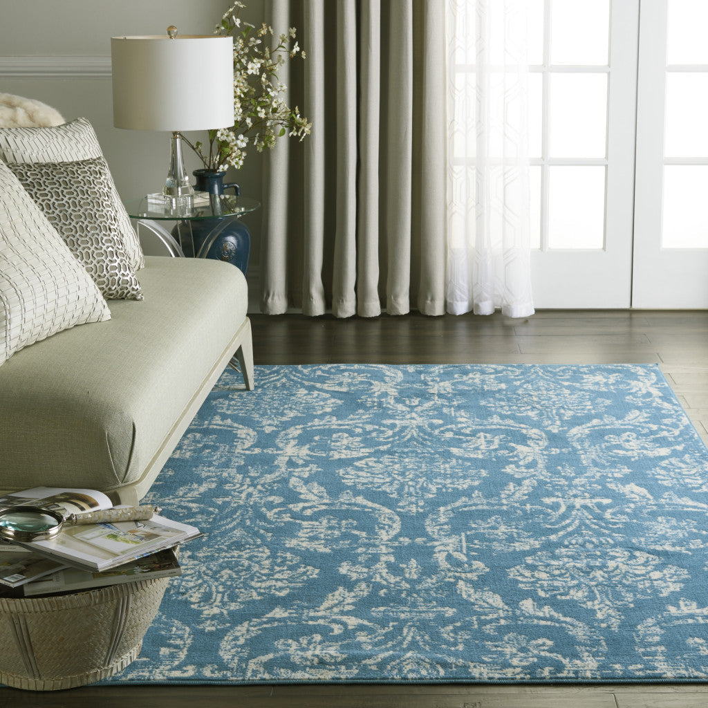 4 X 6 Blue Damask Power Loom Area Rug Image 5