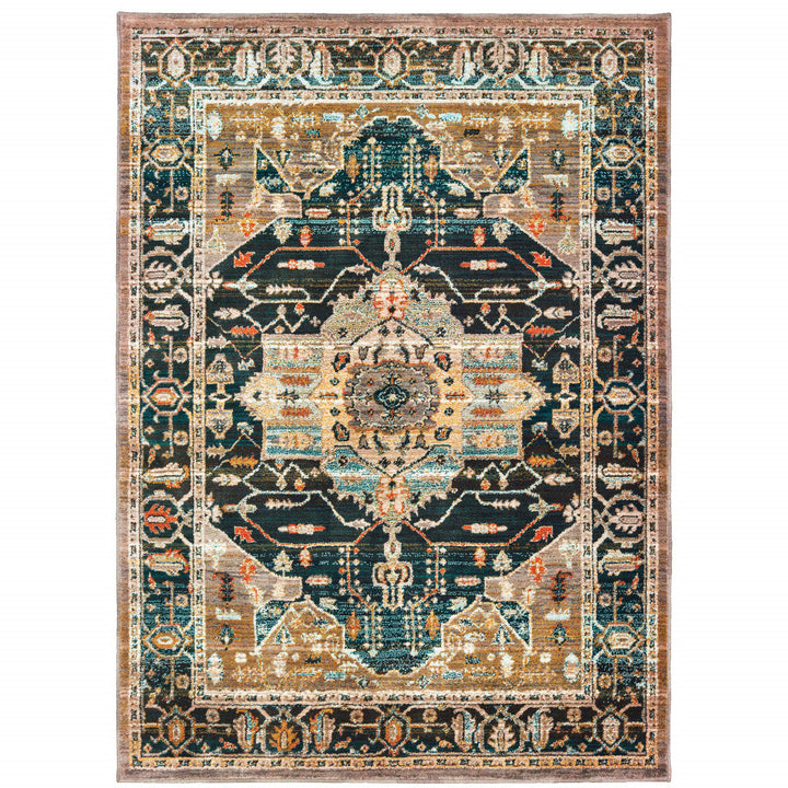 4 X 6 Blue Gold Grey Orange Ivory And Teal Oriental Power Loom Stain Resistant Area Rug Image 1