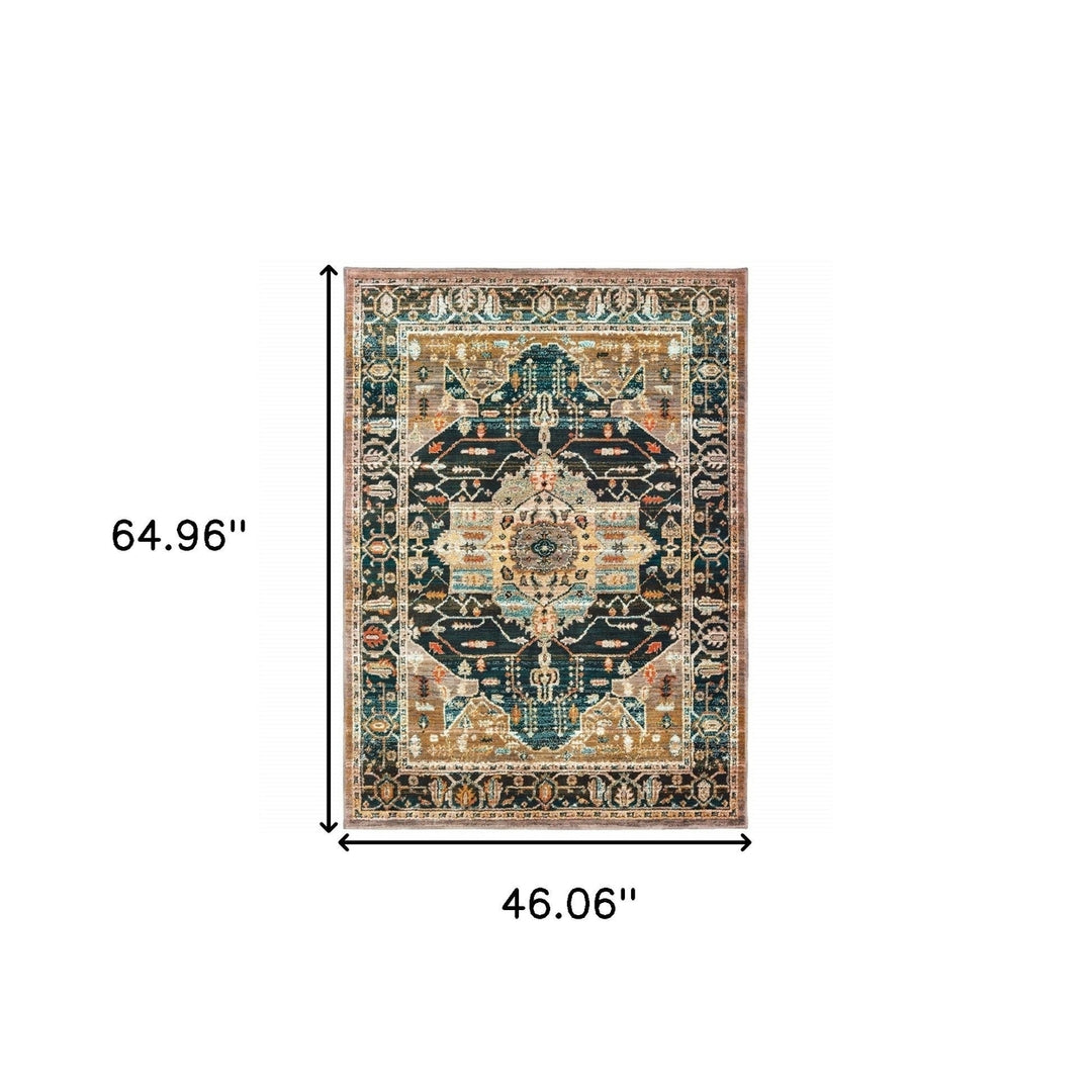 4 X 6 Blue Gold Grey Orange Ivory And Teal Oriental Power Loom Stain Resistant Area Rug Image 6