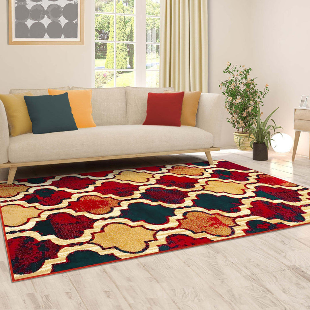 4 X 6 Red Blue Quatrefoil Power Loom Distressed Stain Resistant Area Rug Image 1