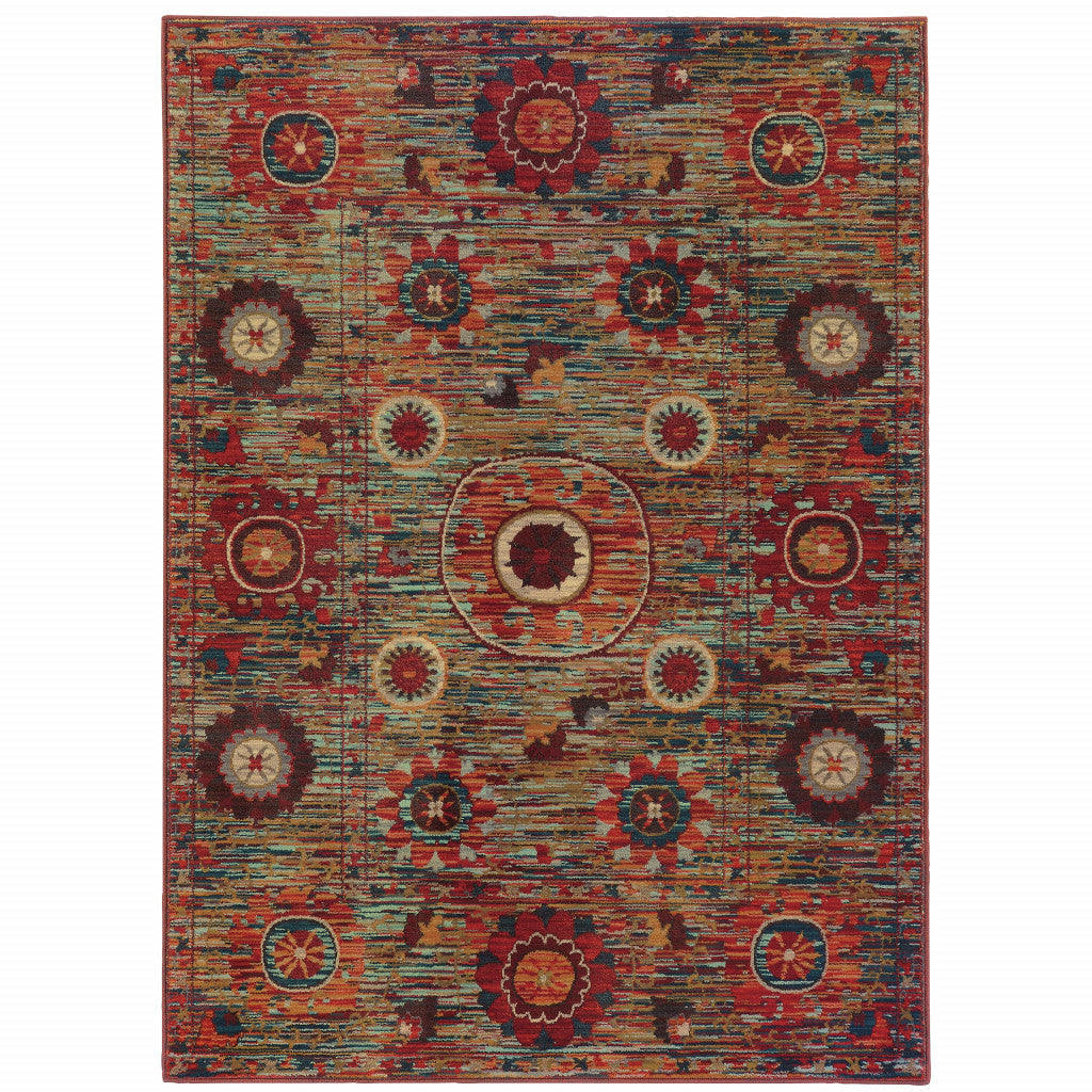 4 X 6 Red Gold Orange Green Ivory Rust And Blue Floral Power Loom Stain Resistant Area Rug Image 1