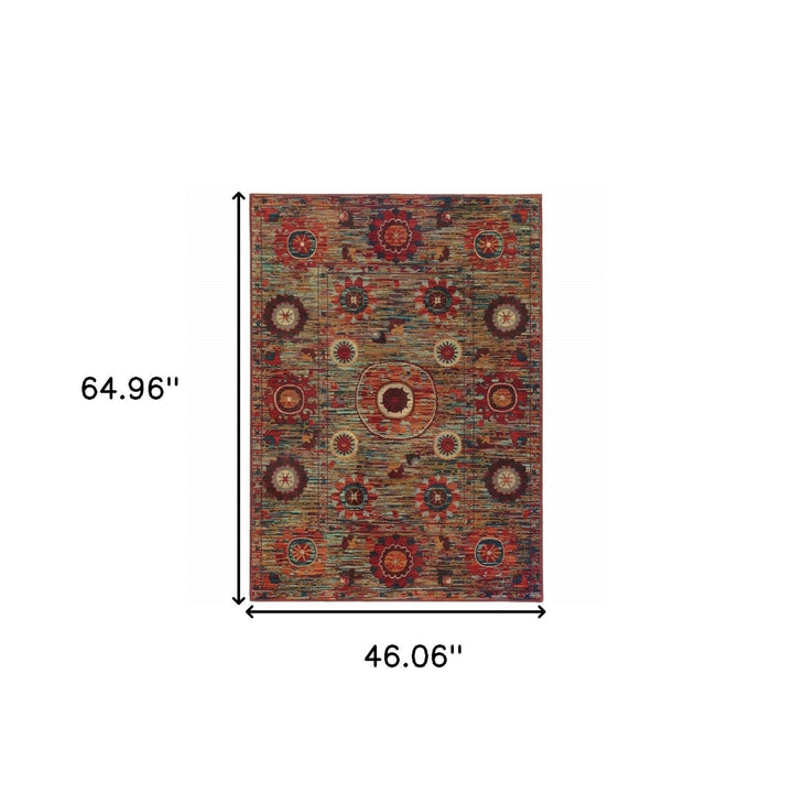 4 X 6 Red Gold Orange Green Ivory Rust And Blue Floral Power Loom Stain Resistant Area Rug Image 5