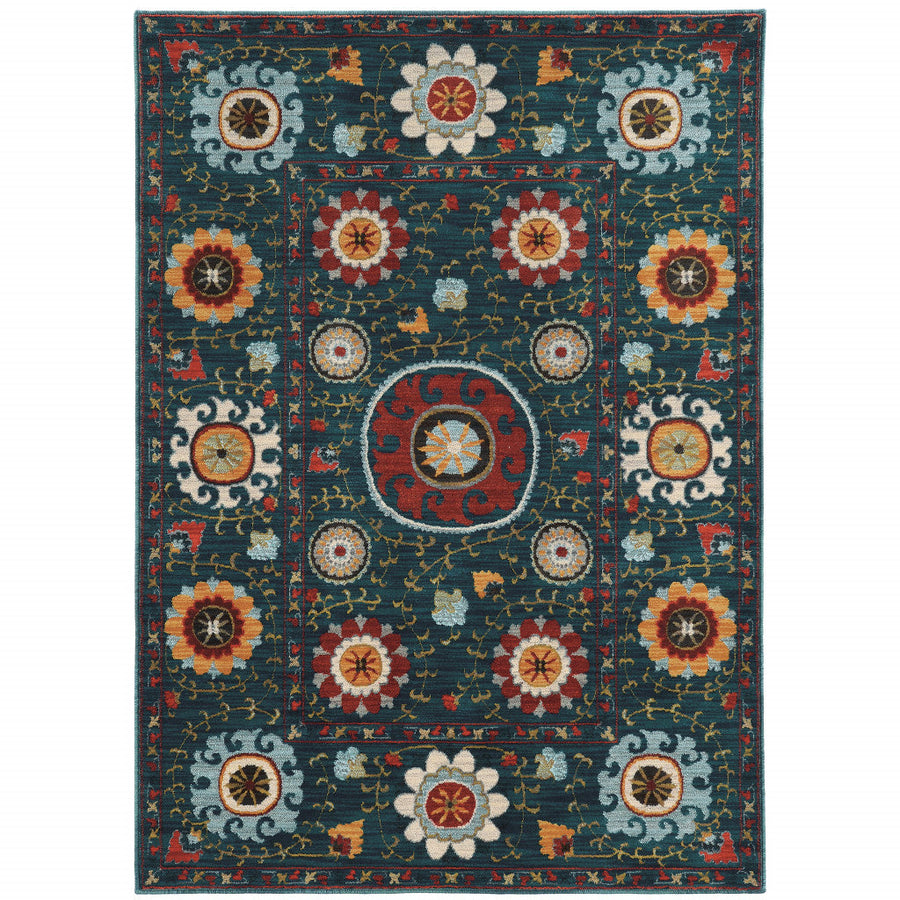 4 X 6 Teal Blue Rust Gold And Ivory Floral Power Loom Stain Resistant Area Rug Image 1