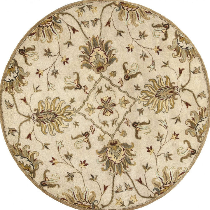 5 Round Champagne Floral Vine Wool Indoor Area Rug Image 2