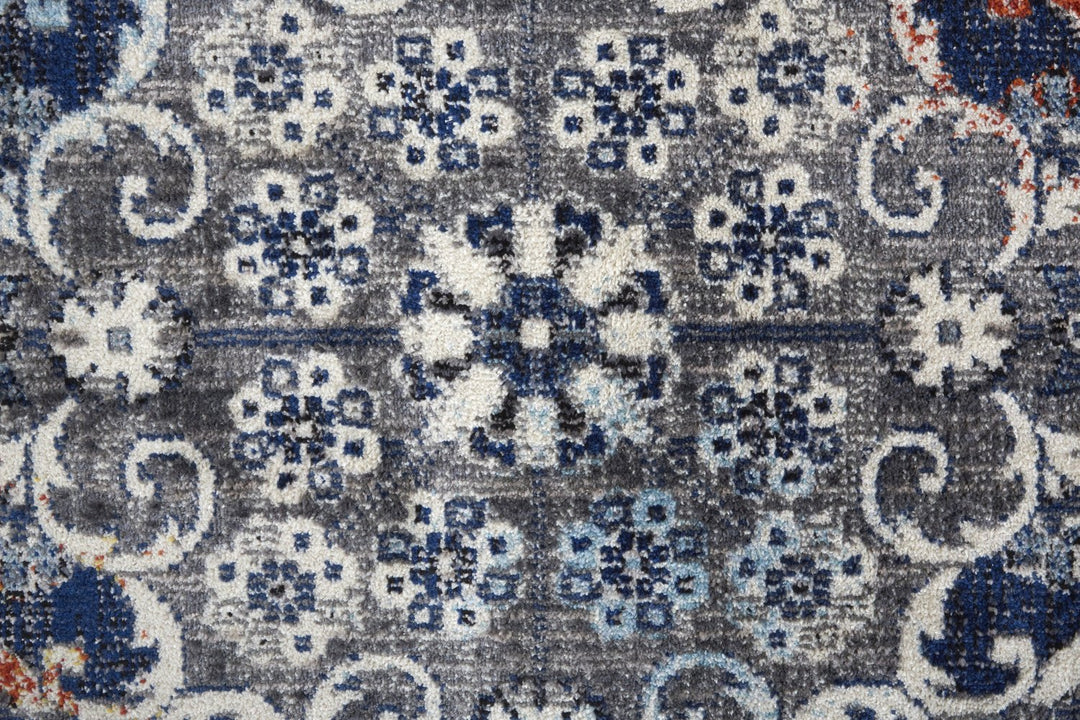 7 X 10 Gray Ivory And Blue Floral Power Loom Distressed Stain Resistant Area Rug Image 1