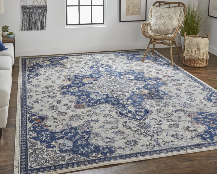 7 X 10 Gray Ivory And Blue Floral Power Loom Distressed Stain Resistant Area Rug Image 3