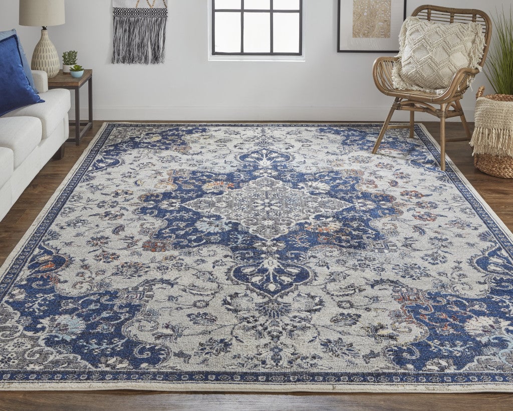 7 X 10 Gray Ivory And Blue Floral Power Loom Distressed Stain Resistant Area Rug Image 4