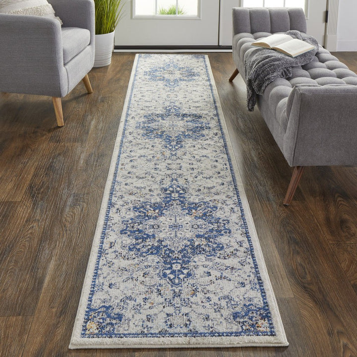 7 X 10 Gray Ivory And Blue Floral Power Loom Distressed Stain Resistant Area Rug Image 5