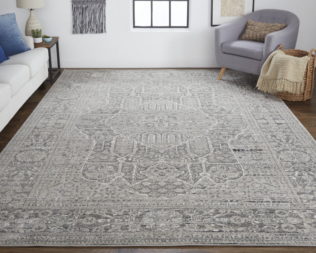 5 X 8 Gray Silver And Taupe Floral Power Loom Distressed Area Rug Image 3