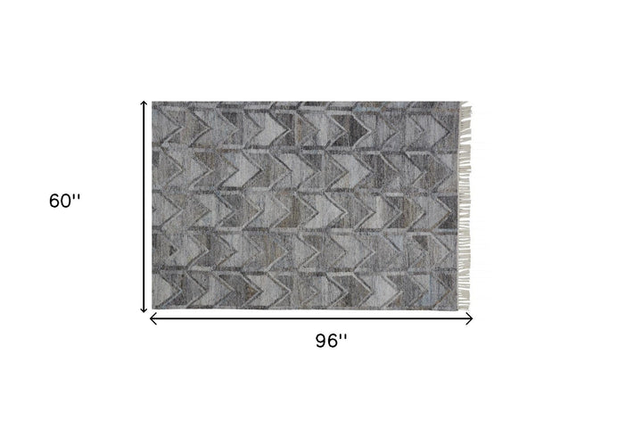 5 X 8 Gray Silver And Taupe Geometric Hand Woven Stain Resistant Area Rug With Fringe Image 2