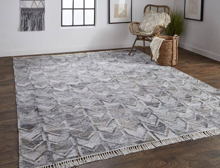 5 X 8 Gray Silver And Taupe Geometric Hand Woven Stain Resistant Area Rug With Fringe Image 10