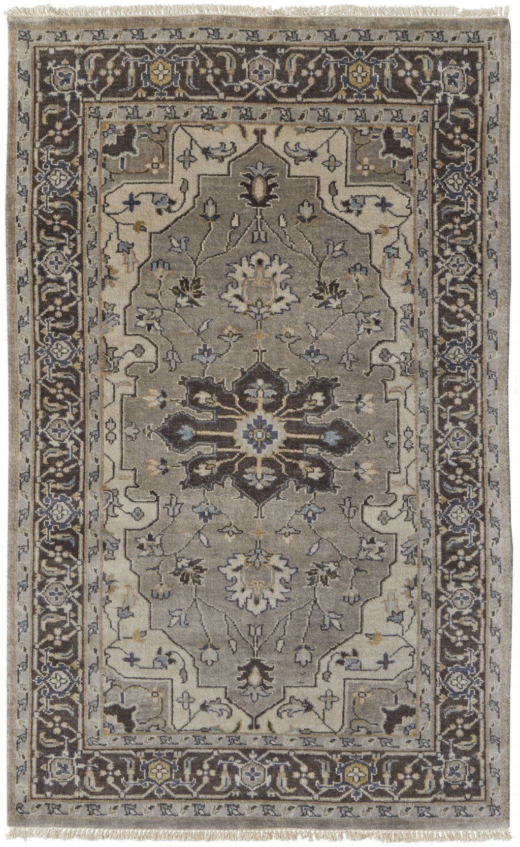 5 X 8 Gray Taupe And Blue Wool Floral Hand Knotted Stain Resistant Area Rug Image 1