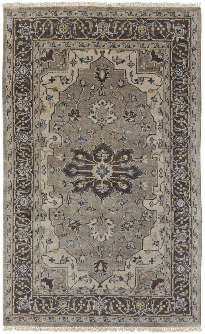 5 X 8 Gray Taupe And Blue Wool Floral Hand Knotted Stain Resistant Area Rug Image 1